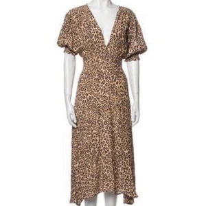 Faithfull the Brand Marie Louise Midi Dress in Mila Animal Print Large Boho $150
